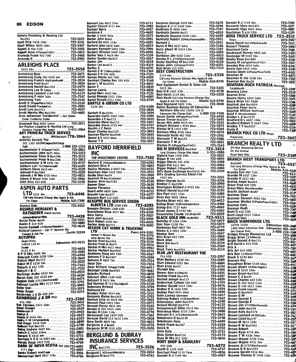 86 EDSON Apheta Plumbing & Heating Ltd Box283 723-5655 Apoll Dick 5418 loav 723-3141 Apoli Wilbur 4820 18Av 723-5447 Appelt A 906 SlSt 723-3492 Appelt Dave 47SunsetTrlrCrt 723-5853 Araneda Frank 422