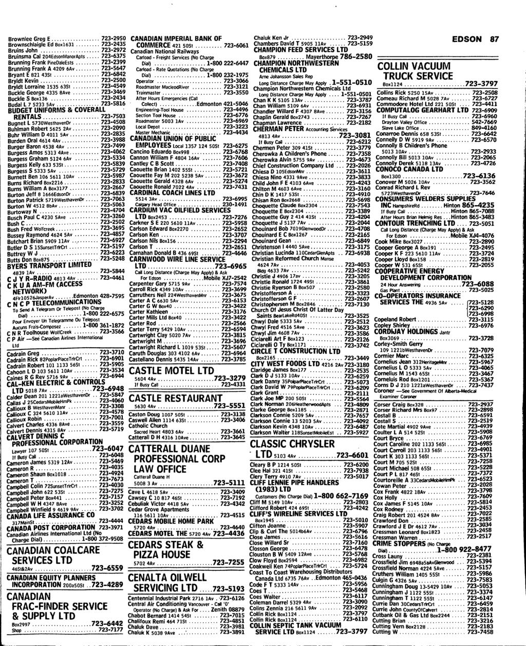 Brownlee Greg E 723-2950 Brownschlaigle Ed Boxl631 723-2435 Bruins John 723-2972 Bruinsma Cal 204EdsonManorApts 723-6375 Brunning Frank PineDaleEsts 723-2399 Brunning Frank A 4209 6Av 723-5647 Bryant