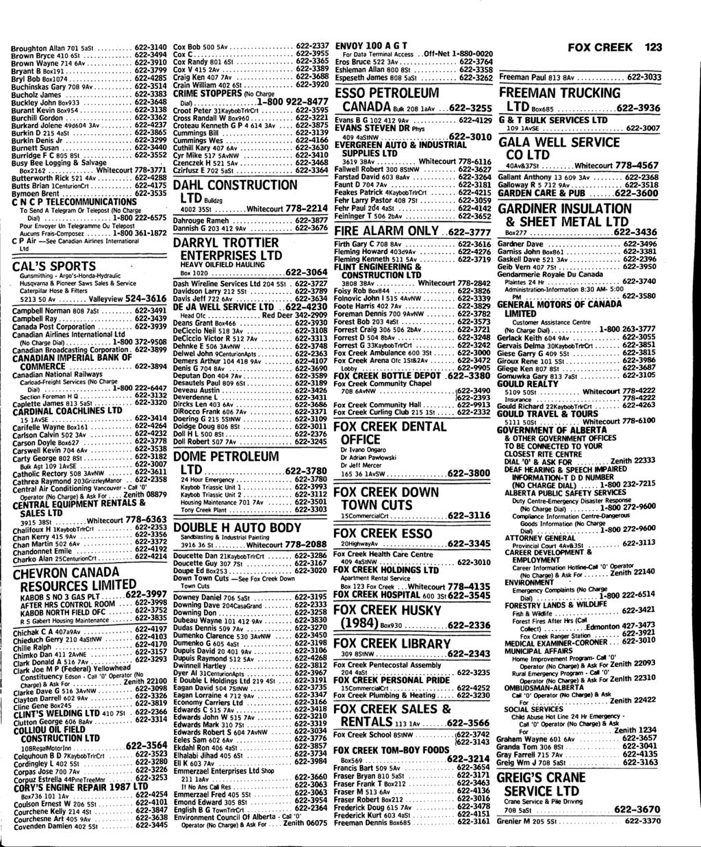 Broughton Allan 701 5aSt 622-3140 Brown Bryce 410 6St 622-3494 Brown Wayne 714 6Av 622-3910 Bryant B Boxl9l 622-3799 Bryl Bob BOX1074 622-4285 Buchinskas Gary 708 9Av 622-3514 Bucholz James 622-3383