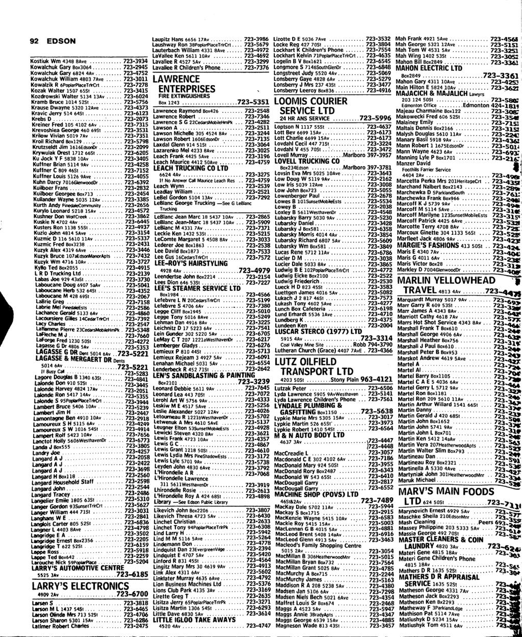 92 EDSON Kostiuk Wm 4348 SAve 723-3934 Kowalchuk Gary Bo*3064 723-2945 Kowalchuk Gary 6824 4Av 723-4752 Kowalchuk William 4803 7Ave 723-3011 Kowalzik R 6PoplarPlaceTrlrCrl 723-7278 Kozak Walter 1507