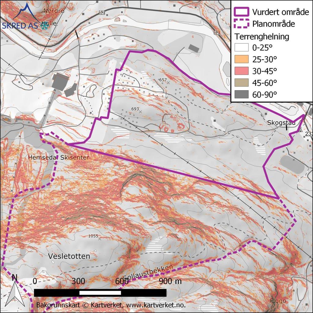 Figur 3: Kart over beregnet terrenghelning i dalsiden øst for tomta. 3.2 Geologi Berggrunnen i området er kartlagt i målestokk 1:50 000 (NGU, 2018a).