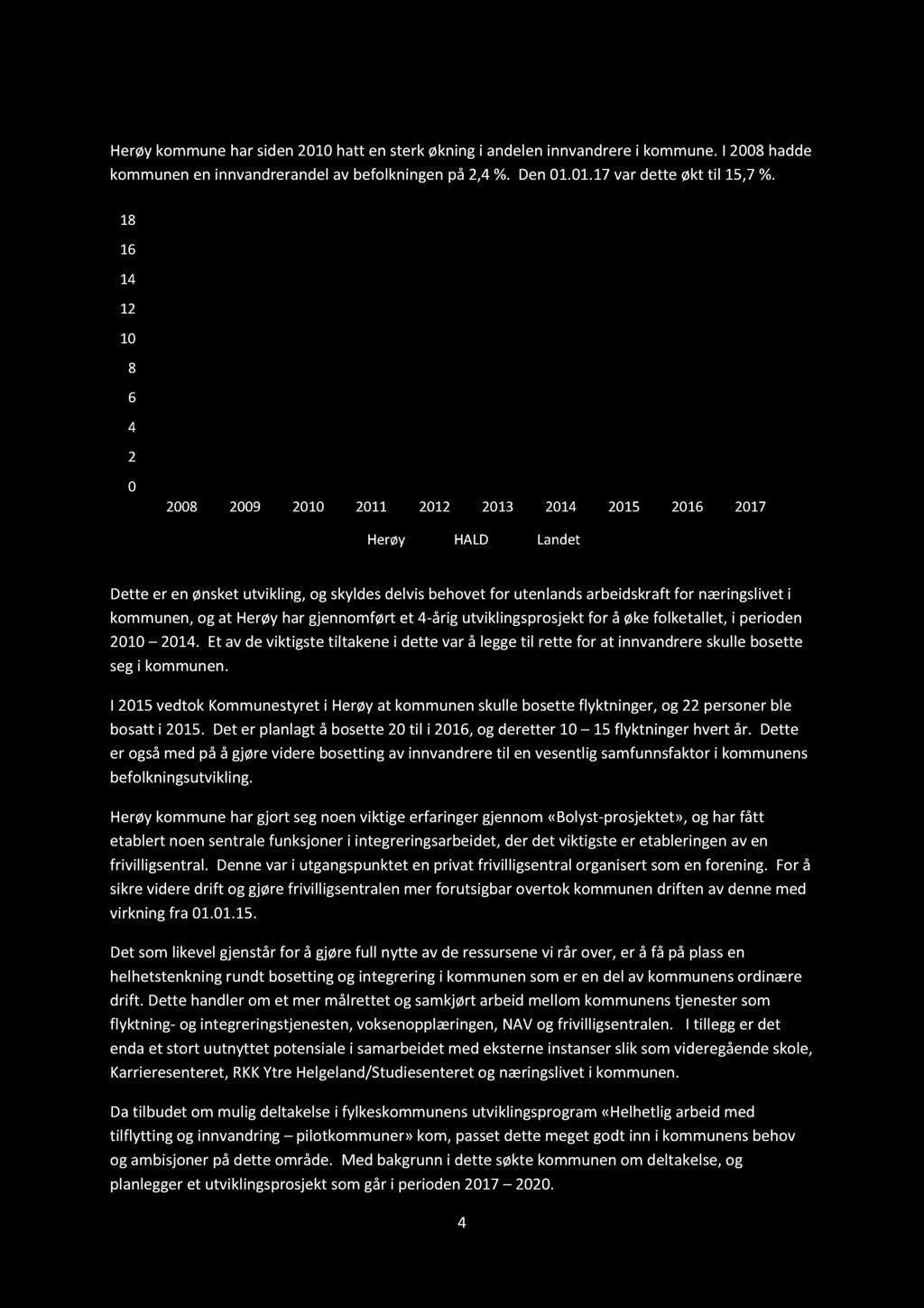 1. Bakgrunn Herøy kommune har siden 2010 hatt en sterk økning i ande len innvandrere i kommune. I 2008 hadde kommunen en innvandrerandel av befolkningen på 2,4 %. Den 01.01.17 var dette økt til 15,7 %.