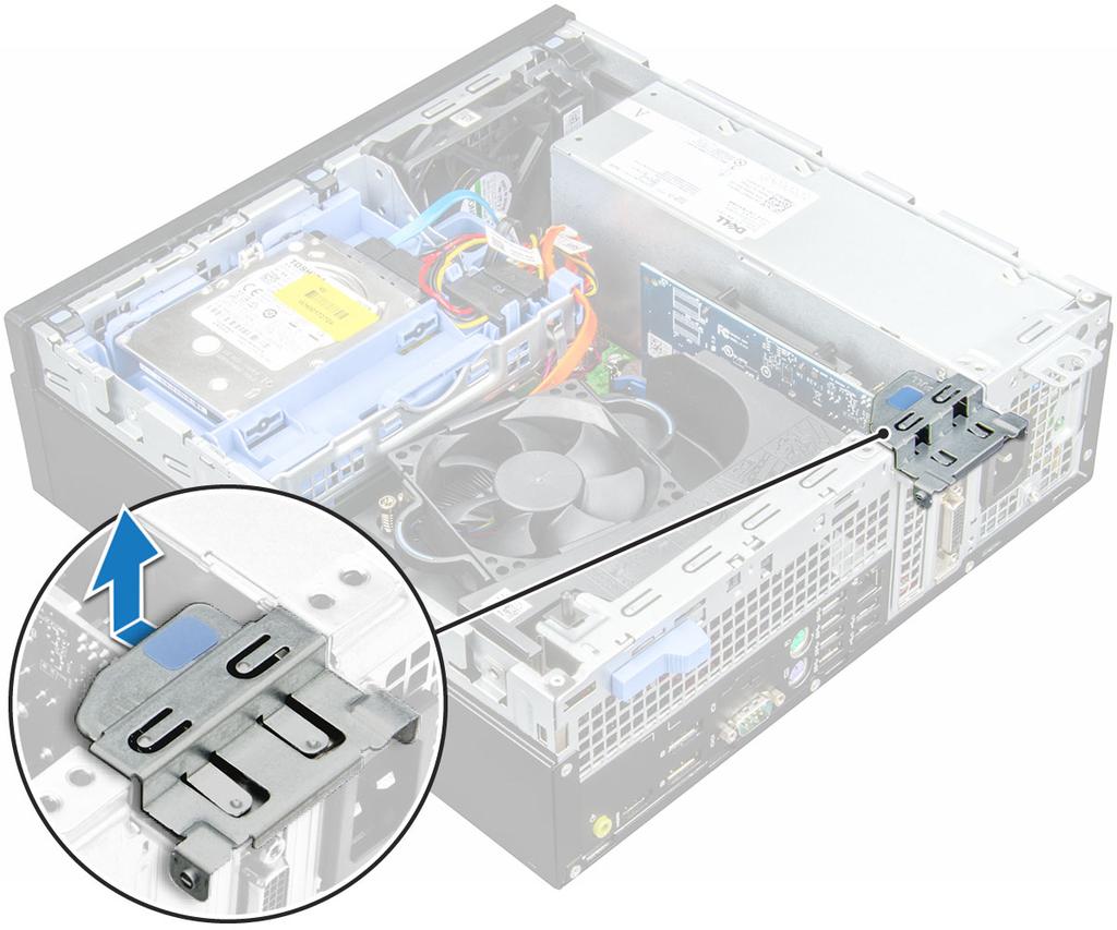 4 Slik fjerner du PCIe-utvidelseskortet: a Trekk til utløserlåsen for å løsne PCIe-utvidelseskort [1].