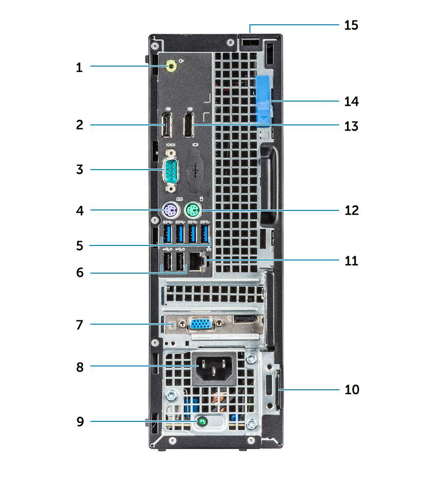 Kabinettet sett bakfra Ryzen Pro-prosessor 1 Linje-ut-port 2 DisplayPort 3 Seriell port 4 PS/2 tastatur-port 5 USB 3.0-porter 6 USB 2.