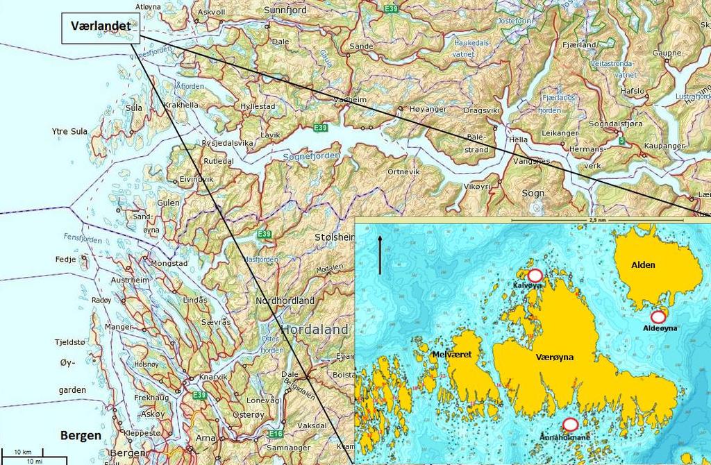 Figur 2.1: Oversiktskart over strekningen Bergen - Værlandet. Firkant viser kartutsnittet for undersøkelsesområdet.