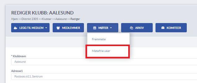 Registrere møtefrie uker Klubben må på forhånd markere hvilke av årets uker som skal være møtefrie.