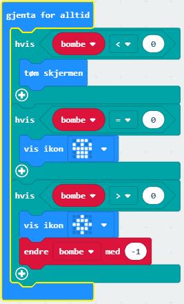 Vi kan legge til en klokke med gjenta for alltid -blokken. Hvis bombe -variabelen er lik 0 : KABOOM! du tapte, og vi viser en hodskalle!