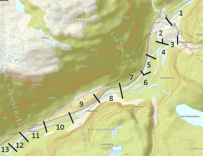 De største ansamlingene av gytefisk er i området ovenfor og nedenfor Matrevatnet (observasjonssone 14-17, Figur 22, Figur 23), men det observeres også gytefisk over store deler av den øvrige anadrome