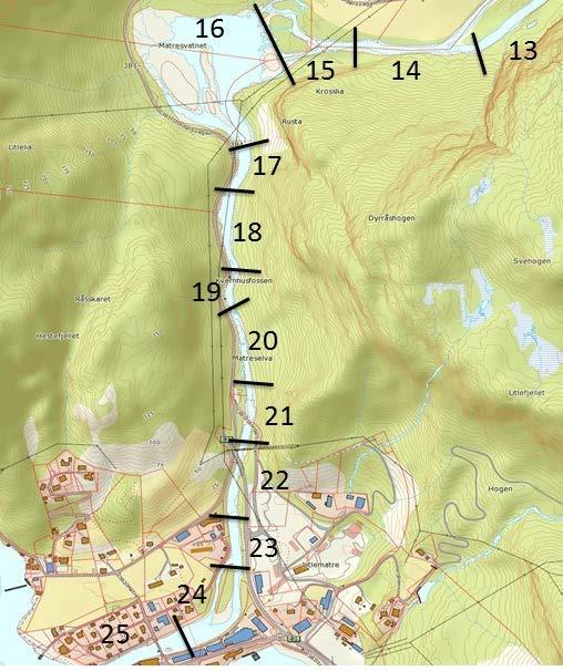 Matreelva gytefisktelling 218 6 5 4 3 2 Sjøaure Laks 1 1 2 3 4 5 6 7 8 9 1 11 12 13 14 15 16 17 18 19 2 21 22 23 24 25 Observasjonssone Figur 23.