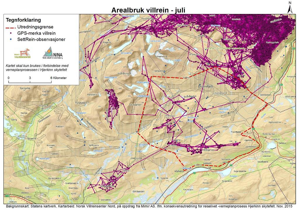 Kart 2: Villreinens arealbruk i områdene øst og sør for Snøhetta-massivet i juli.