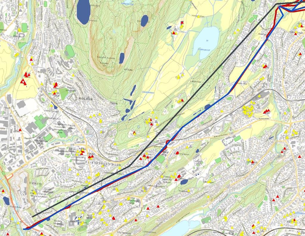 1.6.2 Hamang-Bærum trafo Figur 1-8 Ny 420 kv mellom Hamang og Bærum trafo kan legges i en korridor langs eksisterende luftlinje, enten i grøft (rød linje) eller som luftledning (blå linje).