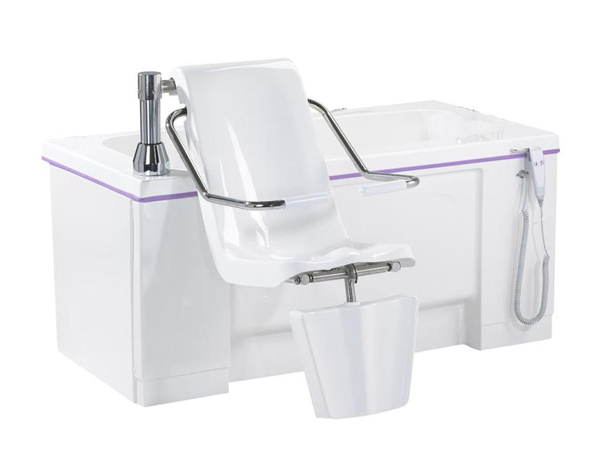 Badekar med stol Et badekar med stol sikrer en jevn og trygg forflytning av den badende og sparer samtidig eventuelle hjelpere for tunge løft.