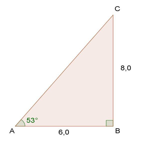 Oppgåve 4 I trekant ABC er vinkel A 53, AB 6,0 m og BC 8,0 m. a) Finn vinkel C. 180 90 53 37 Vinkel C er 37. b) Rekn ut arealet og omkrinsen av trekanten.