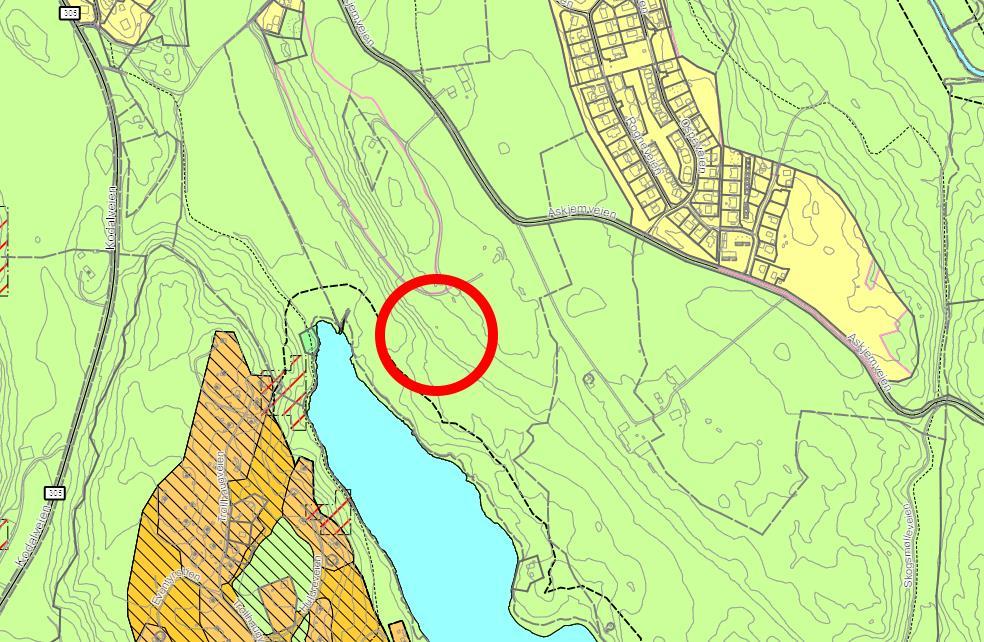 Deponi Askjem Side 2 Overordnede planer Området er i kommuneplanens arealdel avsatt til LNFR-formål. Området er uregulert. Figur under viser deponiområdet markert med rød sirkel.