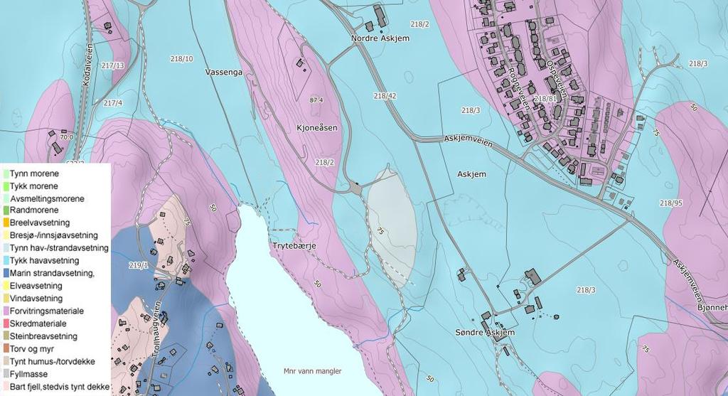 Deponi Askjem Side 3 Aktuelle utredningstema Grunnforhold Løsmassekart viser at området består av forvitringsmateriale og tykk havavsetninger.