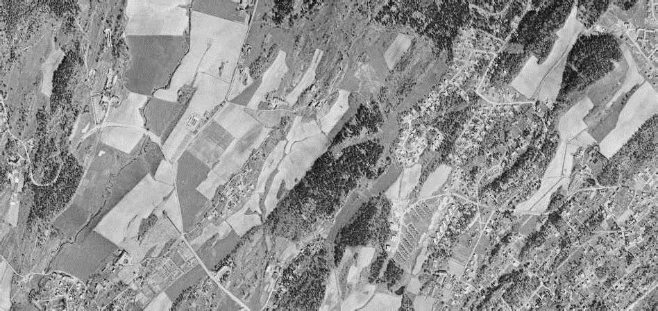 Figur 4-6. Flyfoto over området fra Øverland til venstre til Hagabråten fra 1956, viser at området har endret seg sterkt. Det meste av arealene øst for Ringeriksveien er utbygd med boliger.