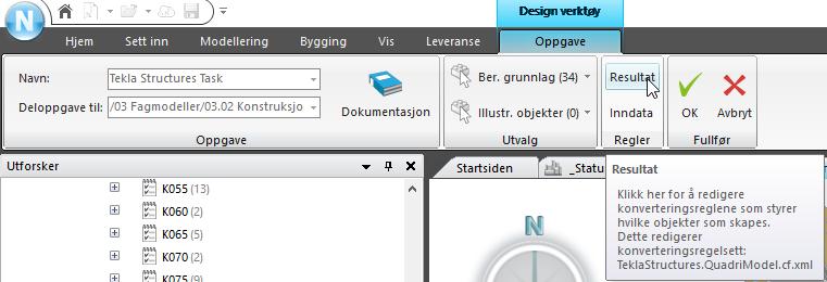 Opprette en Design-oppgave i Novapoint Du kan også styre konvertering av resultat objektene