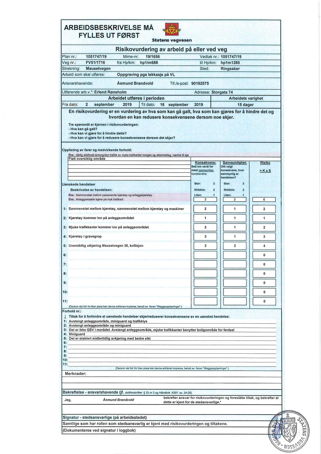 ARBEIDSBESKRIVELSE FYLLES UT FØRST MÅ Risikovurdering av arbeid på eller ved veg Plan rlr.: 1051747/19 Mime-nr: 19(1656 Vedtak nr.: 1051747119 Veg nr. FV51I1716 ÅmmyuiuisgsiN-H.