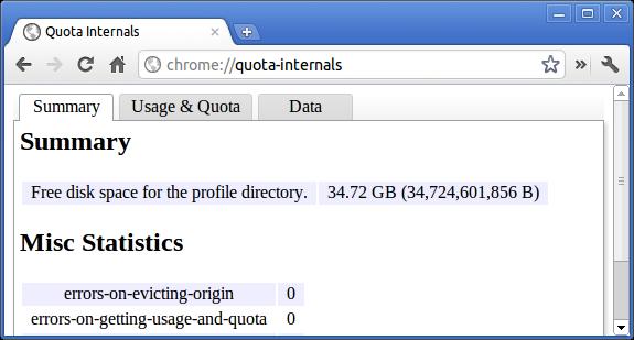 Chrome-kommandoer Formål Skjermbilde chrome://quota-internals Her får du informasjon om