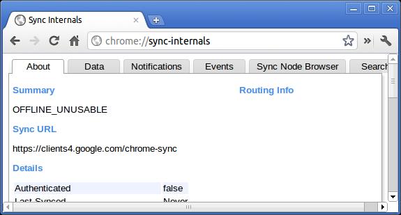 Chrome-kommandoer Formål Skjermbilde chrome://sync-internals Her får du informasjon om synkroniseringsfunksjonen i Chrome, inkludert synkroniseringsnettadressen som brukes av Google samt