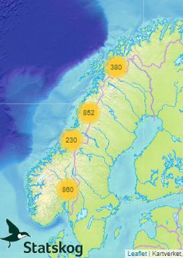 DEL 2 Med hjelpemidler Oppgave 6 (6 poeng) 380 852 230 860 Bildet ovenfor viser antall elg som er skutt i områder i Norge som eies av Statskog. a) Hvor mange elg totalt ble skutt i disse områdene?