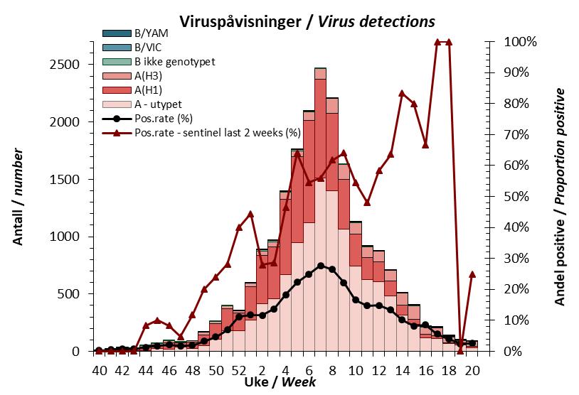 Laboratoriepåvist influensa Ved oppstart av rutinemessig ukerapportering fra laboratorier i begynnelsen av oktober 2018 lå antallet laboratoriediagnoser av influensa omtrent på nivå med de sporadiske
