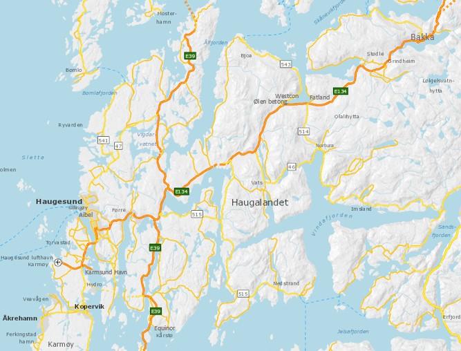 TRANSPORTPAKKER PÅ HAUGALANDET UTBYGGING AV E134 Bakgrunn Det overordna vegnettet på Haugalandet, med gjennomgåande vegnummer som bind saman ulike tettstader, består av to Europaveger (E134 og E39)