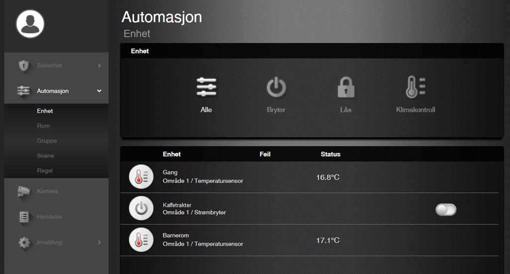 8. AUTOMASJON Enhet Her kan du se status på temperaturfølere samt styre smartplugger, termostater, dørlåser, gardiner, lys og annet tilbehør som er tilkoblet din Nookbox.