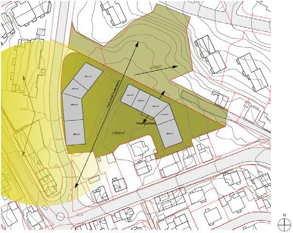 Utbyggingsvolum og byggehøyder Utbyggingsvolum vil være inntil 8900 m 2, tilsvarende 150 %-BRA. Høyder vil variere fra å tilpasse seg småhusbebyggelsen i sør til å øke mot nord.