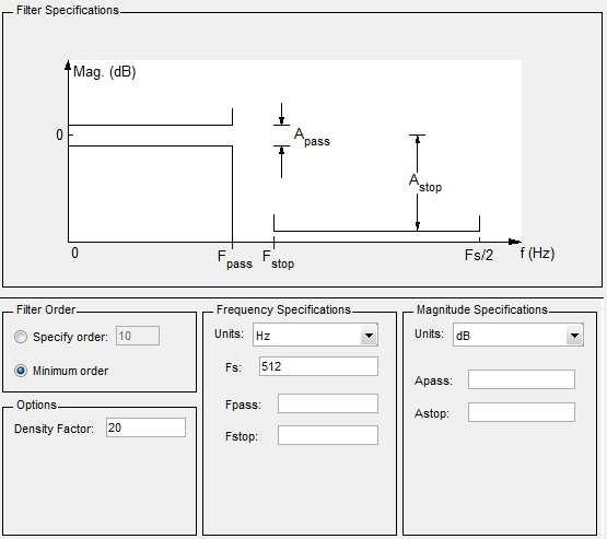 Figur 2.3 Del av filterdesignverktøyet «sptool» i Matlab. a) Forklar ut fra informasjon gitt i Figur 2. og Figur 2.