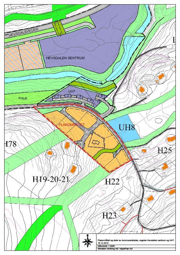 Planområdet l med tomter og vegar lagt inn i utsnitt av detaljreguleringpslan for Hevsdalen sentrum og kommunedelplanen for Hevsdalen.