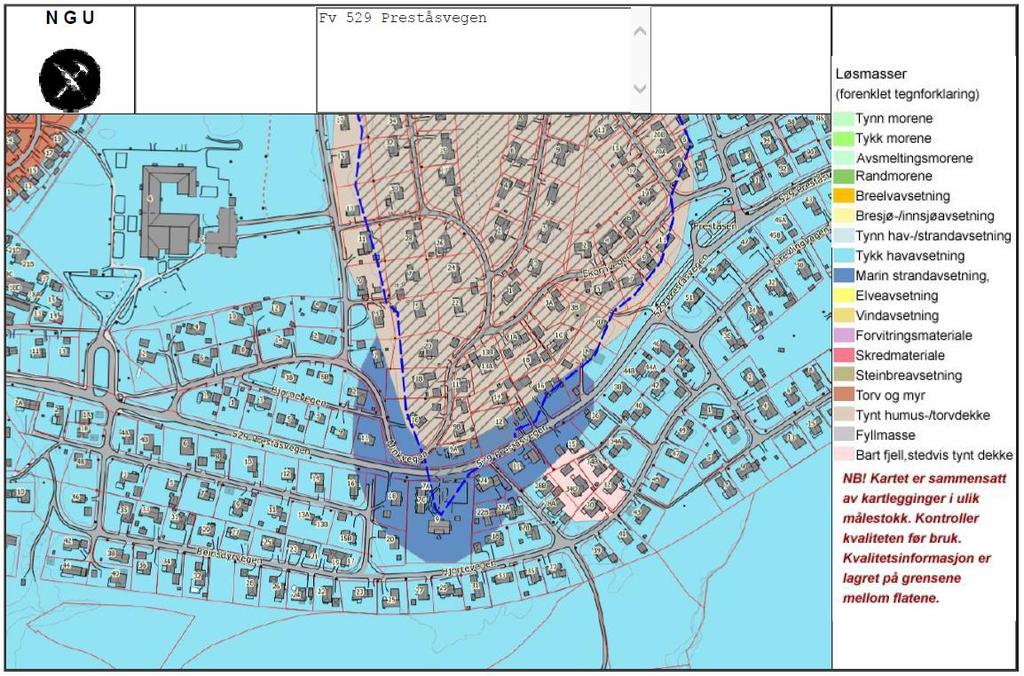 Planområdet ligger i område med marin strandavsetninger mellom ca. profil 1600 og ca.