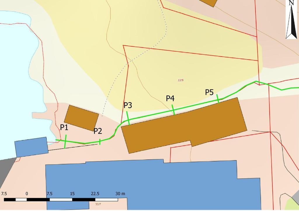 Figur 6: Plassering av dei fem profila ved planområdet. Kartkjelde: Statens kartverk. Figur 7 - Figur 9 viser dei modellerte vasslinene for ein 200-årsflaum ved dei fem profila.