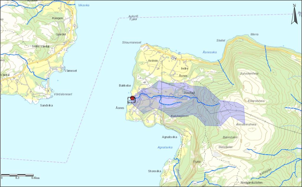 Figur 3: Nedslagsfeltet til Åsneselva. Det undersøkte området er omtrentleg råma inn i svart. Kjelde: nevina.nve.no. Tabell 2: Feltkarakteristikkar for Åsneselva.