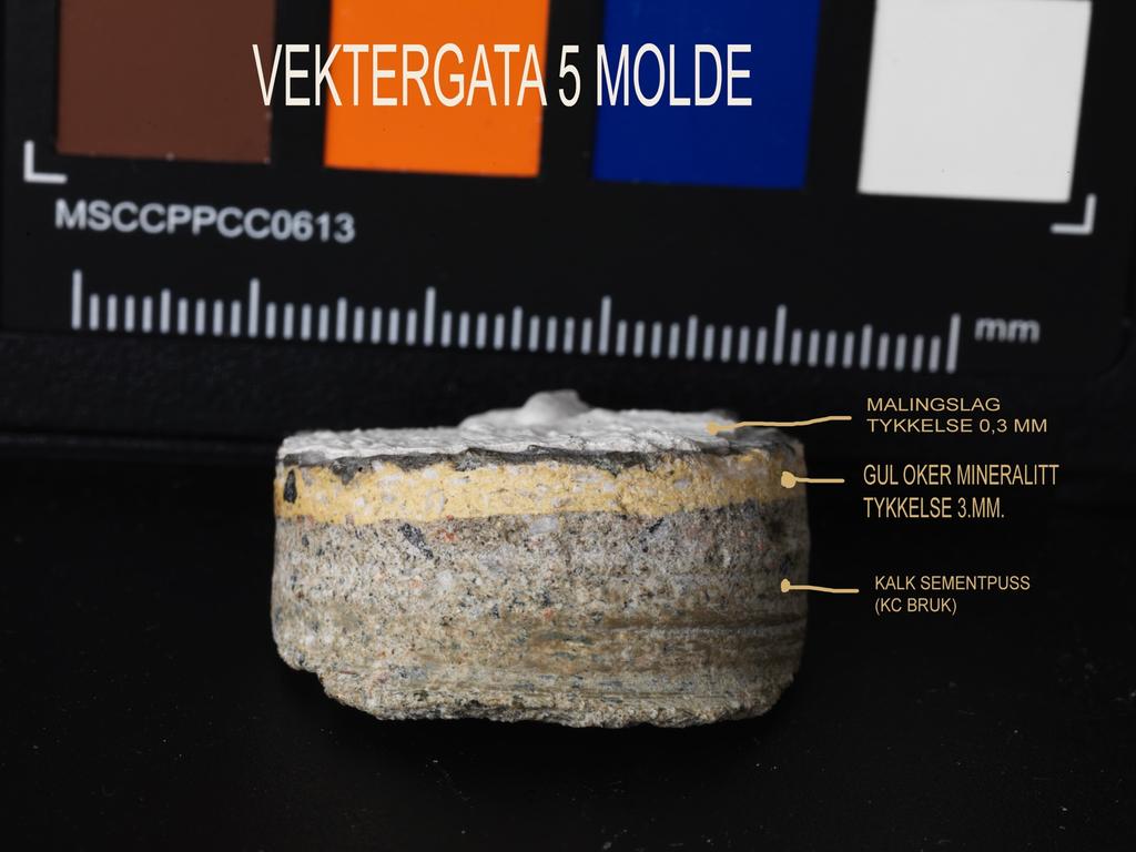 Bildet til venstre viser snitt foto av kjernebor prøve (nr.2) Mineralittlaget er pusset i ca 3.mm sjikt.