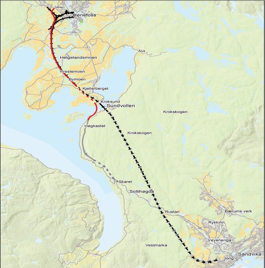 Kort om prosjektet Norges største fellesprosjekt 40 km veg og bane fra Sandvika til Hønefoss Firefelts Europaveg med 110 km/t og bane med opptil 250 km/t Nesten en time kortere reisetid med tog
