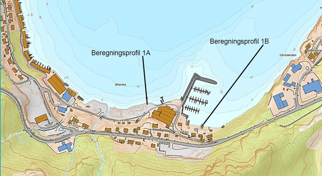 Figur 3.2: Plassering av berekningsprofil i område 1A og 1B [ref. 1.5.12]. Delobjekt 1 er lokalisert under marin grense og det er mogeleg at det kan vere førekomstar av marine silt- og leire.