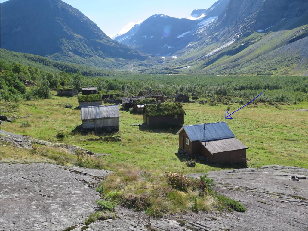 Oversiktsbilete av Storesetra i Erdalen, der det omsøkte selet med fjøs