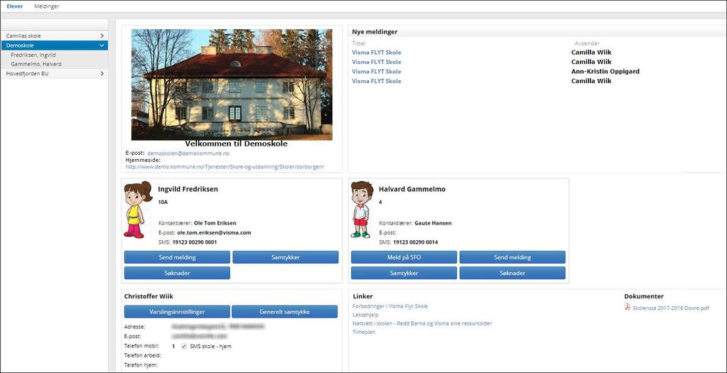 Startsiden for Hjemmeweb Når foresatte er logget inn kommer de først til startsiden for Hjemmeweb. Oversikt over den foresattes barn er listet ute i venstre marg, sortert etter skole.