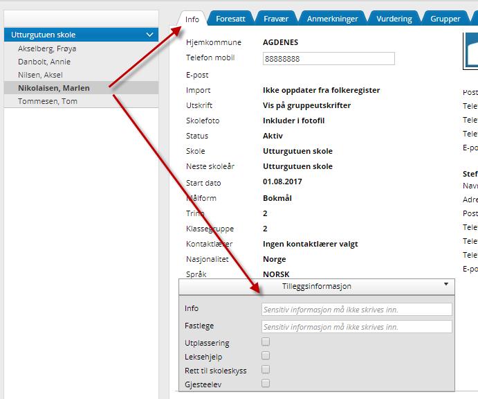 Dette er folkeregisterinformasjon og informasjon som skolen/foresatte selv har registrert.