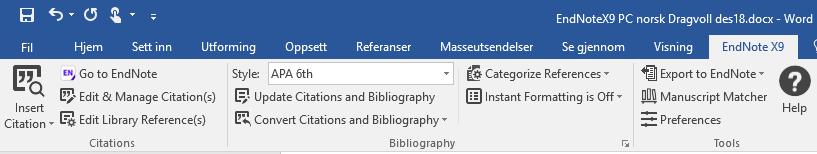 Det er to måter å sette inn siteringer i et word-dokument på. Det kan gjøres fra EndNotebiblioteket ditt, eller via verktøylinjen i Word.