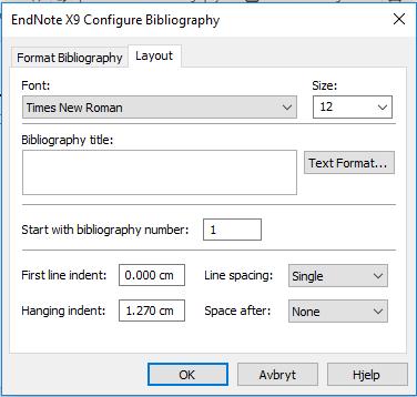 REFERANSELISTE Redigere referanseliste Velg Bibliography på EndNote-menyen i Word: Standard er Format Bibliography. Velg Layout.
