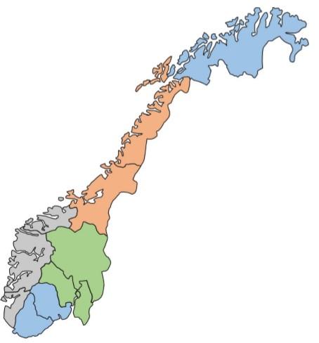 Eksempel på ny forvaltningsmodell som innebærer at Norge deles i fem forvaltningsregioner for rovvilt, med avgrensningene til de elleve nye fylkene som følger av regionreformen inntegnet.
