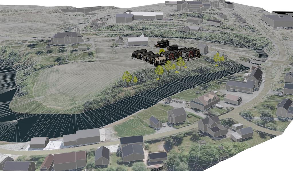 Figur 4 og 5. Oversiktsbilder av planlagt bebyggelse på planområdet sett fra nord. Endringene av planen går på endring av formålsgrenser, tillatt BYA og tillatt gesimshøyde.