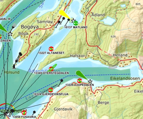 2. Akvakulturlokalitetane versus sjøtrafikken Ådlandsfjorden og Eikelandsfjorden: Farlei og godkjente akvakulturlokalitetar: Planlagt områder for akvakultur: I Ådlandsfjorden har ikkje Kystverket