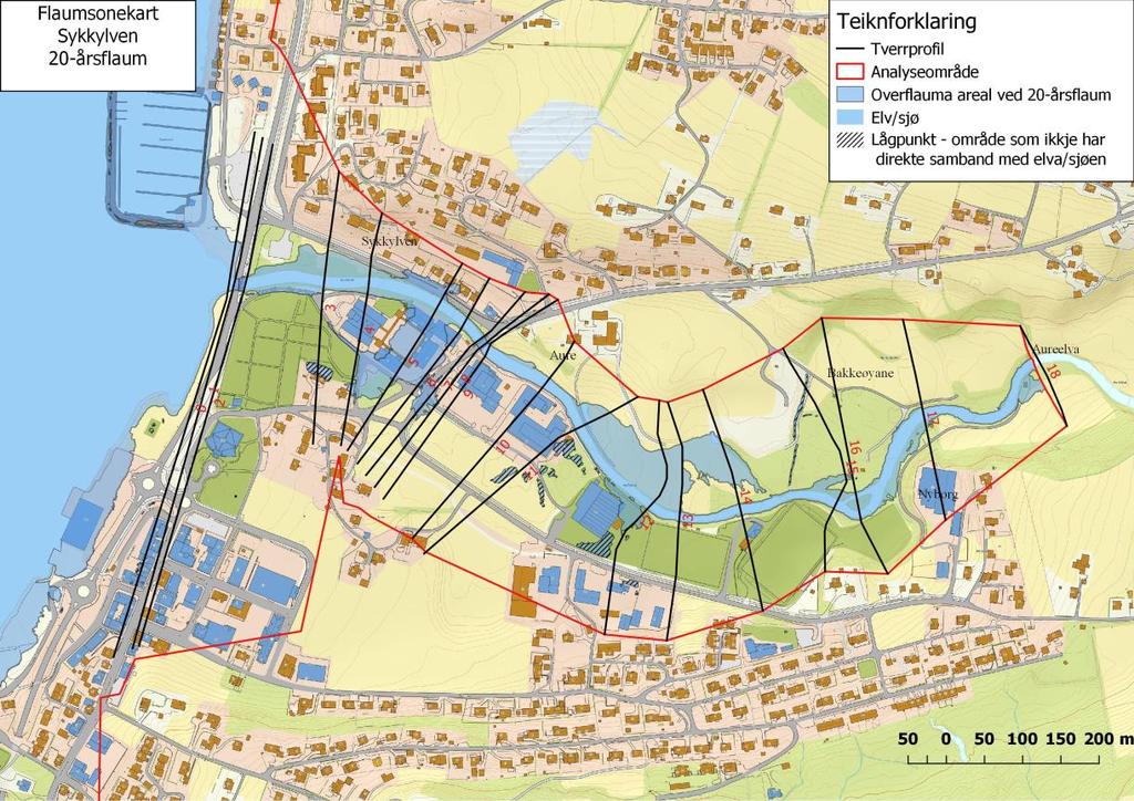 Figur 5: Flaumsonekart for 20-årsflaum ved analyseområdet i Sykkylven. Kartkjelde: Statens kartverk.