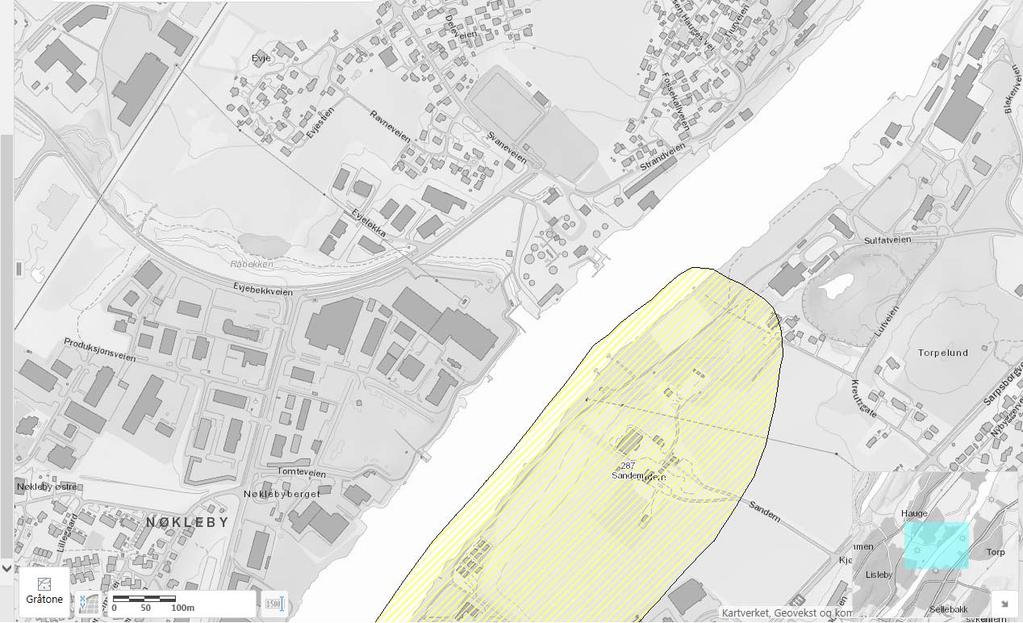 Figur 4: Faresonekart for kvikkleireskred, aktuell tomt er merket med rød ring (www.skrednett.