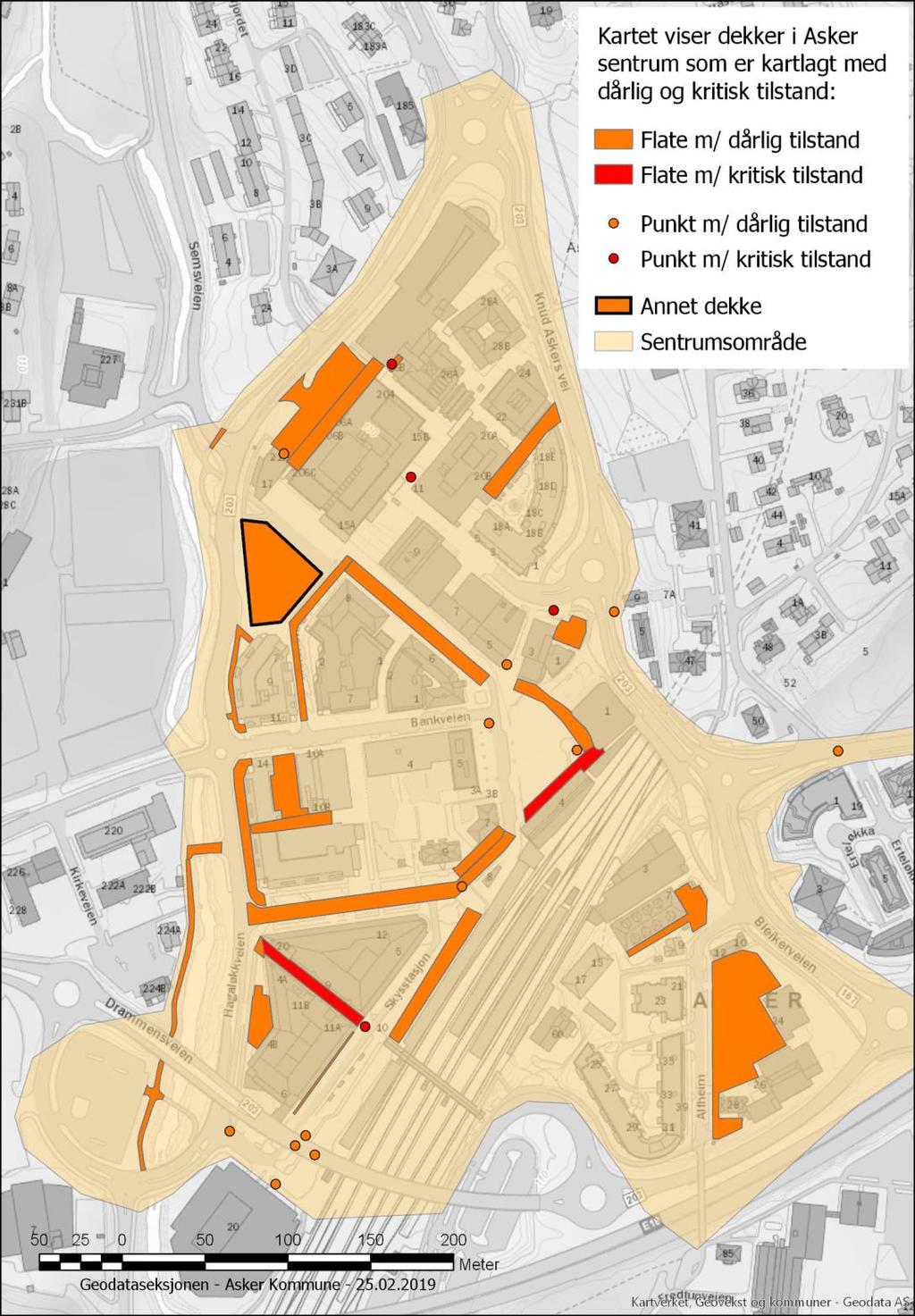 Alfheim Dekke Figur 3-2 Kart som viser registreringer av dekket i Asker sentrum med dårlig (oransje) og kritisk (rød) tilstand.