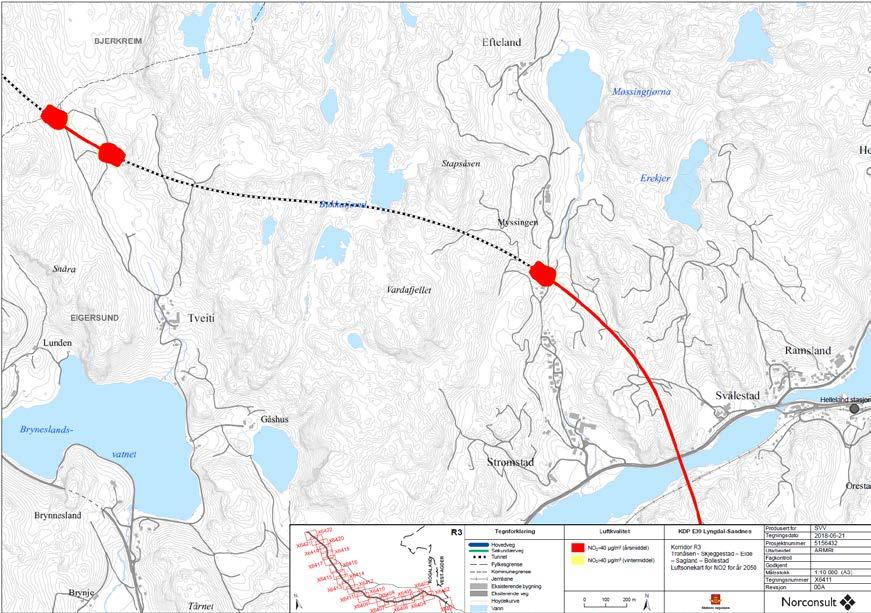 Som et eksempel er gule og røde soner for området ved Myssingen mot Åsen, tunnel
