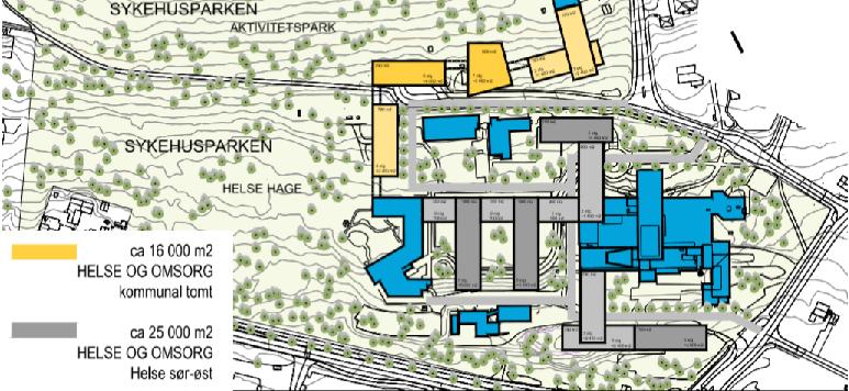 Figur 15: Skisse over fortettingspotensialet rundt Akershus universitetssykehus, avdeling Kongsvinger For å sikre ytterligere arealer til både en større utvidelse av sykehuset og for å kunne etablere